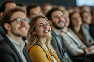 Obraz premium Happy young woman smiling at business seminar with diverse audience