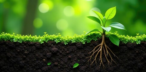 Tree roots exposed and visible under the surface, plant life, greenery