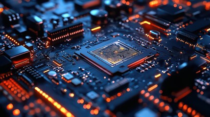 Fototapeta premium Cybernetic AI chip with a futuristic motherboard, displaying advanced neural processing units.