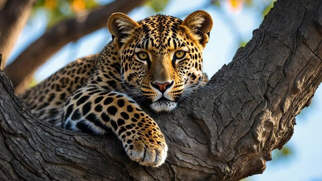 A horizontal, colorful video of a leopard lounging on a tree with its amber eyes wide open.