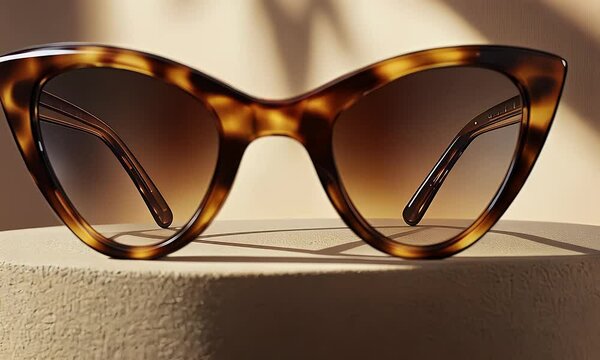 Stylish cat-eye shades boast a brown tortoise-shell pattern, posed on a tan block with blurred foliage shadows backdrop