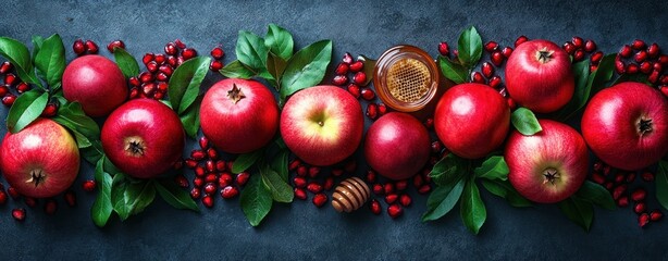 Celebration of Rosh Hashanah with Fresh Apples, Pomegranates, and Honey Symbols