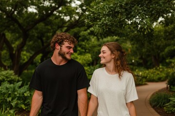 Obraz premium Smiling couple walking hand in hand through lush park, surrounde