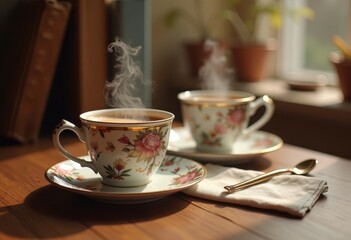pair elegant coffee cups rustic wooden table cozy atmosphere warm beverage indulgence morning ritual, drink, ceramic, breakfast, relaxation, luxury, interior