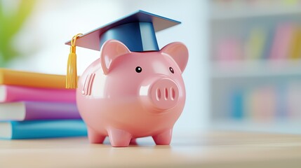 A cheerful piggy bank wearing a graduation cap, symbolizing savings for education, surrounded by colorful books in a bright setting.