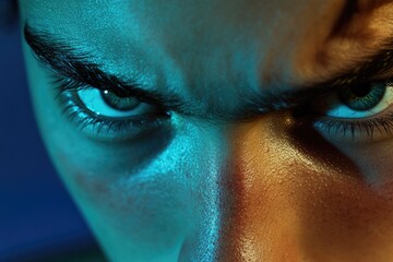 Intense gaze highlighted by vibrant lighting, capturing raw emot