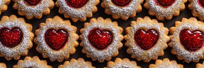 Delicious Heart-Shaped Raspberry Jam Cookies, Close-Up Top View