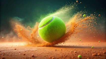 Green Tennis Ball Impacting Orange Clay Court, Dust Explosion