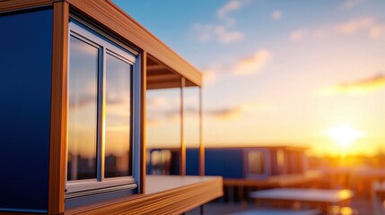 Fototapeta premium A modern building facade with large windows illuminated by a vibrant sunset, showcasing architectural design and warm colors.