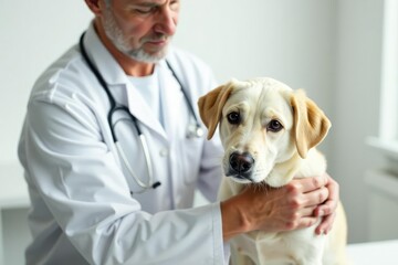 Veterinarian examining pet against white backdrop, care, exam