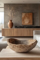 Rustic wooden bowl as a centerpiece on a light wood coffee table in a minimalist living room. Neutral earth tones create a calm atmosphere.