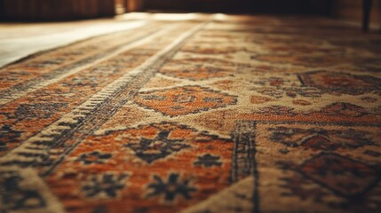 Naklejka premium The close up image displays a textured patterned vintage carpet design