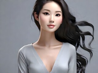 Fototapeta premium A serene woman with flowing black hair, exuding grace and elegance in a soft gray dress against a muted background.