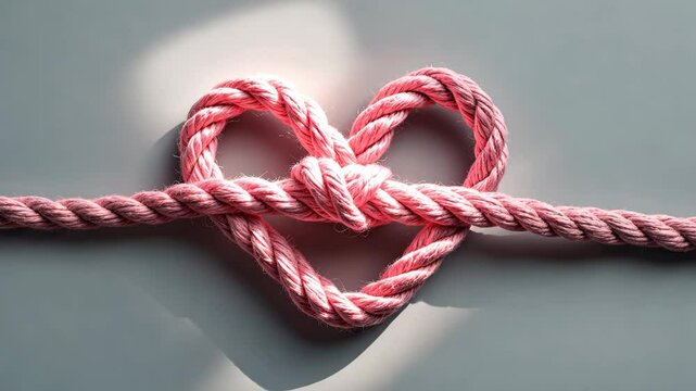 A rope made of jute fashioned into a heart shape. A representation of connection, love, and bonds. The idea of a robust relationship. A tie.