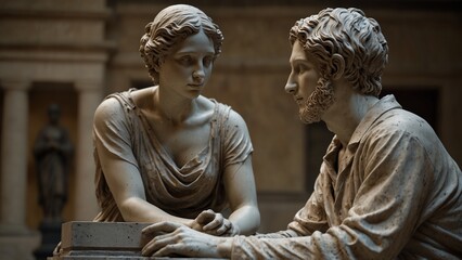 A statue of Pygmalion, gazing adoringly at the woman he sculpted, longing for her to come to life