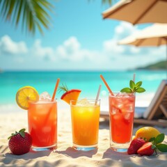 vibrant iced cocktails tropical beach backdrop exotic drinks refreshing colorful mixes summer vibes, palm, paradise, umbrella, coastal, sandy, sky, sunset