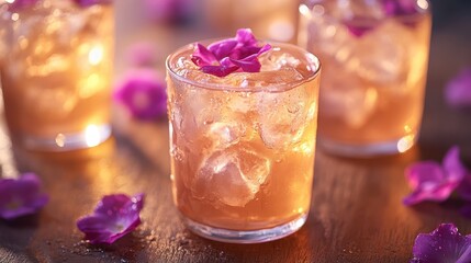Refreshing Iced Rose Cocktail with Pink Flowers Garnish
