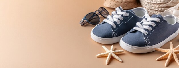 Stylish summer accessories and baby shoes in bright flat lay composition for vacation fashion