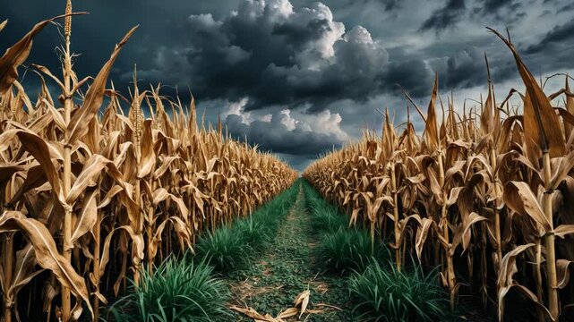 A cornfield parched by an extended drought, presenting a vivid contrast between desiccated leaves and a cloudy sky. A desiccated cornfield, a quiet observer of the impacts of change.