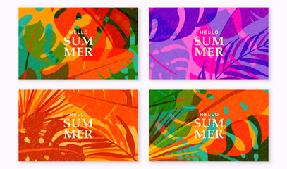 Summer tropic pattern background. Tropical jungle leaves banner design with retro modern texture, horizontal. Exotic abstract creative nature. Palm tree, monstera, banana vector illustration