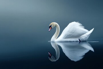 Fototapeta premium A gentle swan gliding across a peaceful lake, its soft white feathers ruffling slightly as it dips its beak into the water