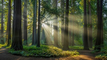 Fototapeta premium Serene Sunlight Streaming Through Towering Redwood Trees in Forest