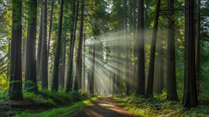 Fototapeta premium Sunlight Filtering Through Tall Trees in a Serene Forest Scene
