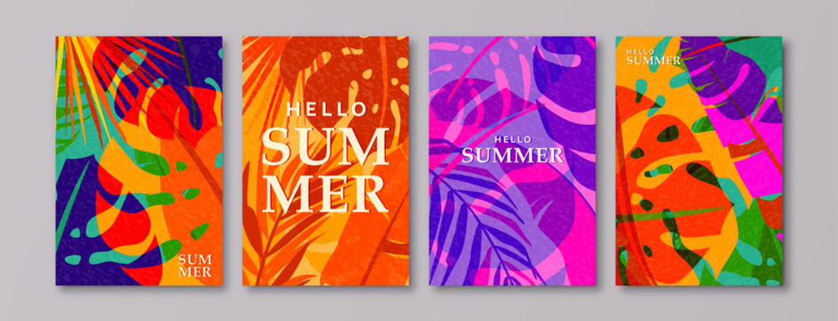 Summer tropic pattern set background. Tropical jungle leaves poster design with retro modern texture. Exotic abstract nature card in creative style. Palm tree, monstera, banana vector illustration