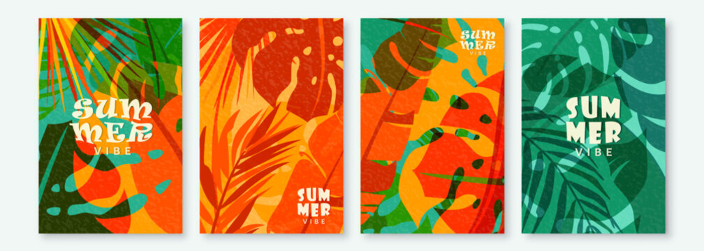 Summer tropic pattern set background. Tropical jungle leaves poster design with retro modern texture. Exotic abstract nature card in creative style. Palm tree, monstera, banana vector illustration