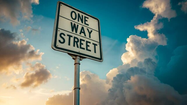 A one-way street sign indicates the direction to another location! Perhaps heaven, perhaps hell, or perhaps simply another street enveloped by clouds and sky attempting to emerge.