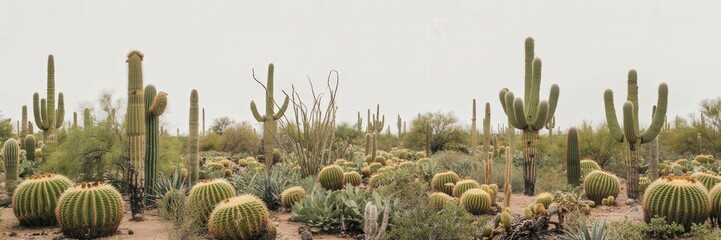 Desert Landscape with Various Cacti and Succulents Under Cloudy Sky