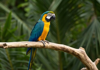 Obraz premium Vibrant Blue-and-Gold Macaw Perched on Branch, Tropical Parrot, Rainforest Bird, Exotic Wildlife