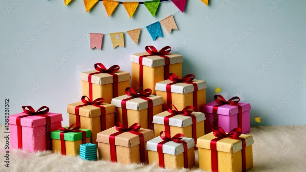 Poster A pile of presents with red bows on them. There are many different colors of presents. Some are green, some are yellow, and some are pink