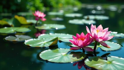 Water lilies forming a natural floral pattern on a lake, summer, art, floral background