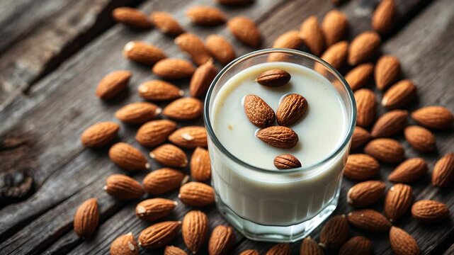 Almond milk placed on a rustic wooden surface