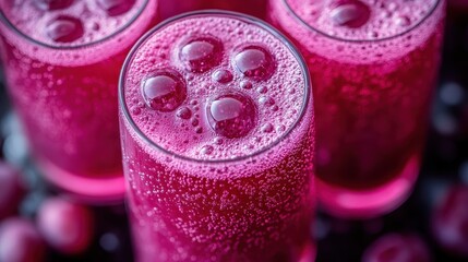 Close-up of Three Glasses of Sparkling Pink Grapefruit Juice with Bubbles