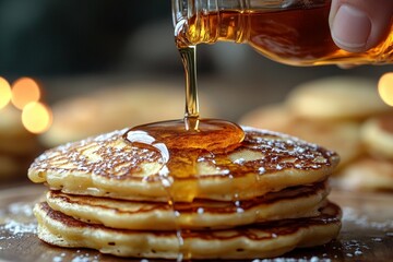Golden Pancakes Drizzled with Maple Syrup