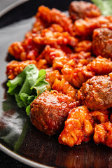 Meatballs pasta tomato sauce tasty food dish gourmet food background on the table rustic food top view copy space