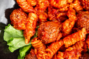 Meatballs pasta tomato sauce tasty food dish gourmet food background on the table rustic food top view copy space