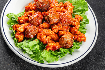 Meatballs pasta tomato sauce tasty food dish gourmet food background on the table rustic food top view copy space