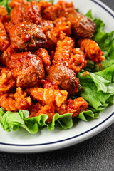 Meatballs pasta tomato sauce tasty food dish gourmet food background on the table rustic food top view copy space