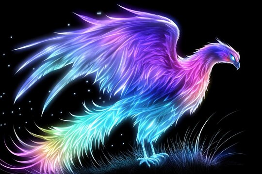 A glowing phoenix rising from the ashes, its fiery wings illuminating the sky