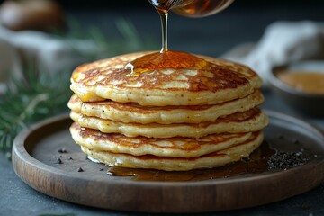 Golden Stack of Pancakes Drizzled with Maple Syrup