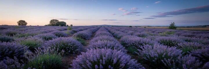 Obraz premium Serene Lavender Fields at Dusk with Vibrant Purple Blooms