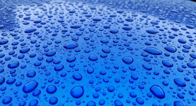 Water Droplets on Blue Glossy Surface AI Generated