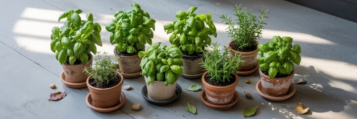 Naklejka premium Fresh Herbs in Terra Cotta Pots on Grey Floor with Natural Light