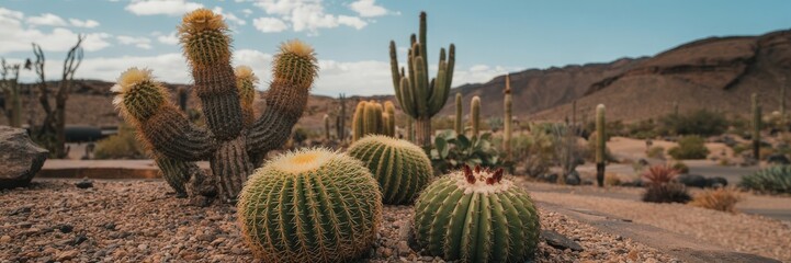Vibrant Desert Landscape with Cacti Against Clear Blue Sky