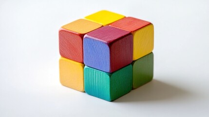 Colorful wooden blocks forming a cube.  Assembled, vibrant, and colorful wooden blocks, creating a 3D cube shape.  A perfect visual for a learning tool