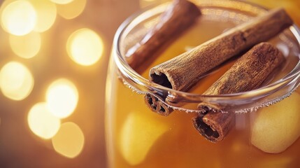 Warm Apple Cider with Cinnamon Sticks and Festive Bokeh Lights
