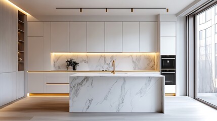 Minimalist all-white kitchen with flat-panel cabinets, gold accent handles, under-cabinet lighting creating soft ambient shadows, pristine marble island in center. Created Using: product-focused lens,